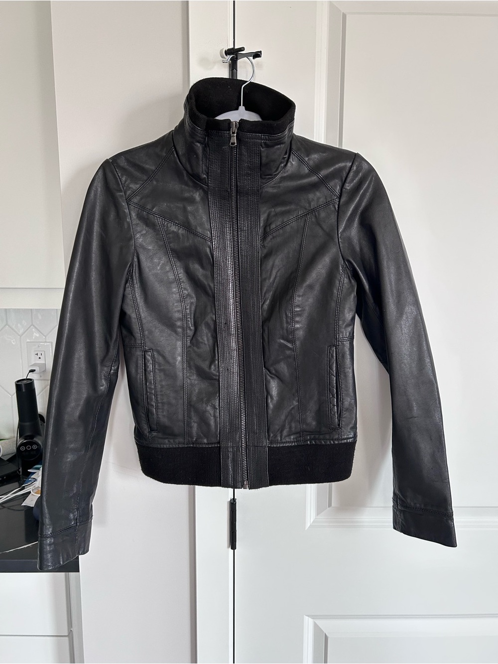 Black Rivet Black Leather Bomber Jacket Leopard Print Lining Moto Edgy Chic